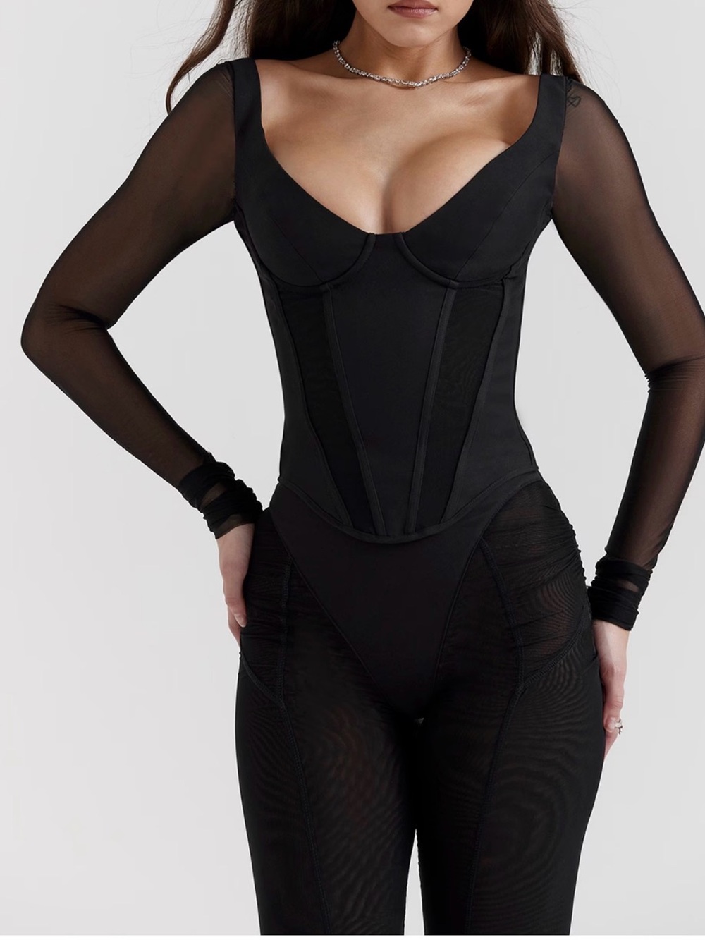 House of CB Black Sheer Long Sleeve Corset Top